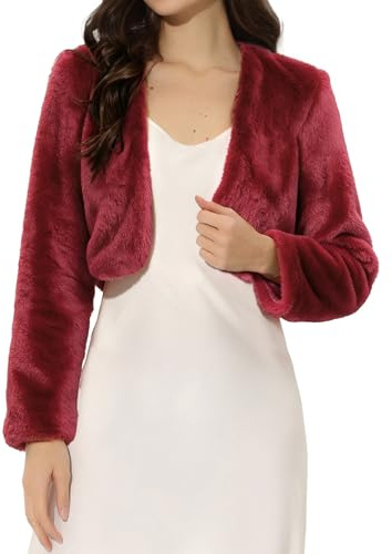 Allegra K Veste courte Femme en fausse fourrure Boléro en peluche à devant ouvert sans col à manches longues manteau court hiver Rouge vin XL