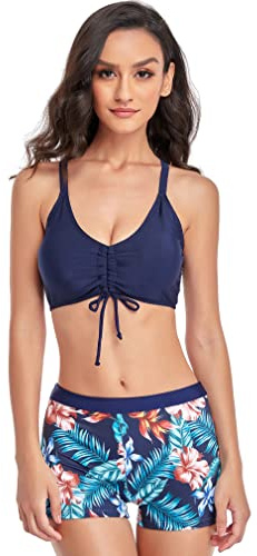 Jarseila Femme Maillot De Bain 2 Pièces Imprimé Bas de Bikini Shorty Taille Haute Bikinis Sexy Push Up Halterneck Bikini Top, Bleu, XL