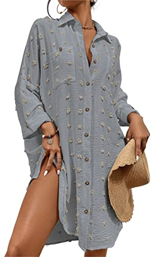 Bsubseach Strandklänning för dam med knappar och volangärmar, strandskjorta, blus, sommar, chic, eleganta badkläder, One size