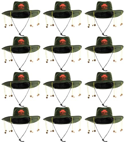 Australia Cork Hat - Pack of 12 - Green Hat with Orange Koala Badge and Hanging Corks - Australian Fancy Dress Costume Accessory Australia Day Accessory