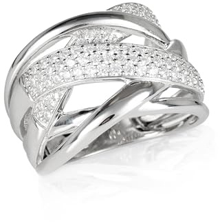 Diamond Treats Anello Donna in Argento 925 per Donna e Ragazza, Anello Fascia Intrecciato con Zirconi, Anello Argento 925 Donna, Anello Grande Incrociato con Pietre Zirconi, Misura dell'Anello 59