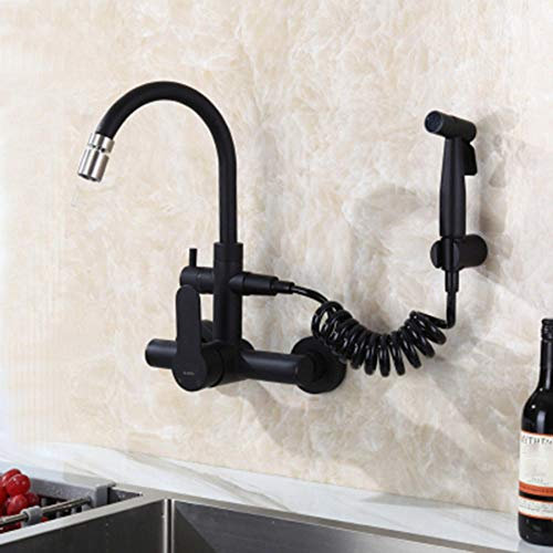 kitchen faucet Wall-mounted faucet Concealed type 304 stainless steel Hot and cold water tank Faucet Spray Single lever Laundry pool Kitchen Universal rotation (black)