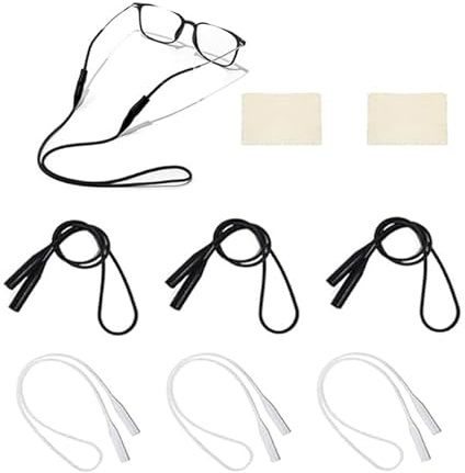 VZU 6 stycken glasögonband, sport, glasögonband med tillförlitligt grepp, elastisk silikonglasögonban med glasögonrengöringstrasa, justerbart glasögonband för män och kvinnor, Svart-vit, 55 cm