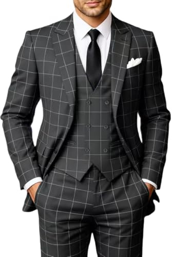 Solovedress Trajes para hombre, traje clásico de 3 piezas a cuadros para hombre, chaqueta, pantalones, chaleco para bodas y negocios, gris, XXL