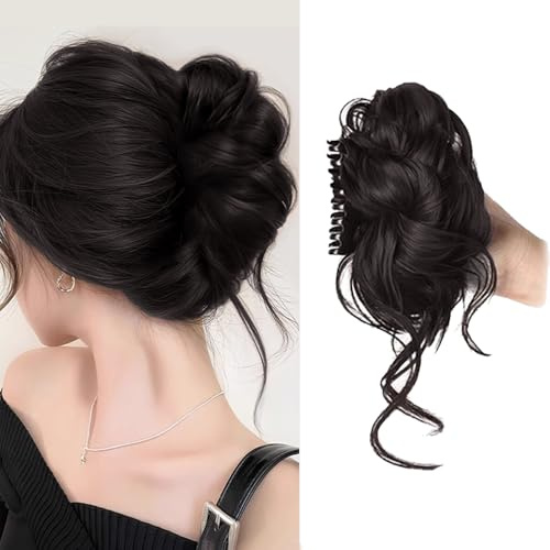 XFSRG Postiche Cheveux Naturel Synthétique Bouclée Ondulés avec Pince à Griffes Désordonné Faux Chignon Extension pour Femmes et Filles(Brun-noir)