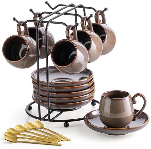LYEOBOH 3 Ounce Espresso Cups and Saucers Set of 6, Ceramic Small Coffee Cups with Metal Holder and Spoons, Cute Demitasse Cups for Tea, Espresso, Latte, Cafe Mocha, Brown
