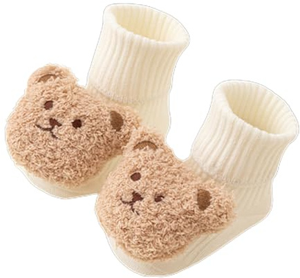 Oxxggkao Calzini invernali per bambini antiscivolo scarpe da pavimento bambola orso decorazione addensato caldo per il calore imparare a camminare scarpe elasticità bocca allentata, bianco, Taglia