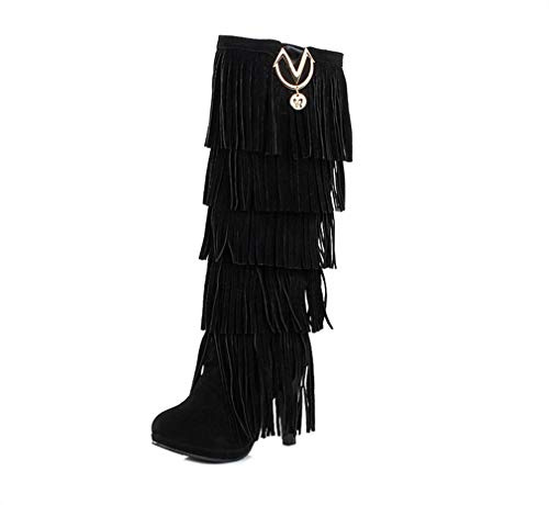 Bubumei Womens Fringe Tassel Stiletto Boots Faux Suede Moccasin High Heel Western Cowboy Knee High Boot, Black, Medium