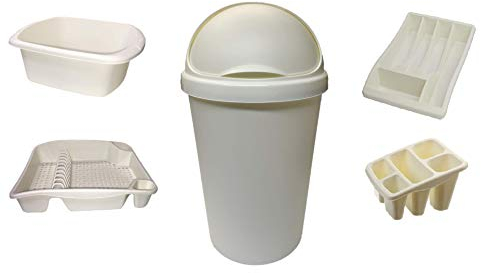 KetoPlastics Cream 5 Piece Kitchen Set - 50 Litre Bullet Bin, Dish Drainer, Washing up Bowl, Cutlery Tray and Cutlery Drainer/Holder