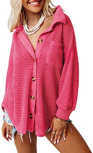 Dokotoo Womens Waffle Knit Shacket Jacket Spring Button Down Tops for Women Casual Loose Fit Long Batwing Sleeve Blouses Lightweight Solid Color V Neck Hot Pink Shirts Large