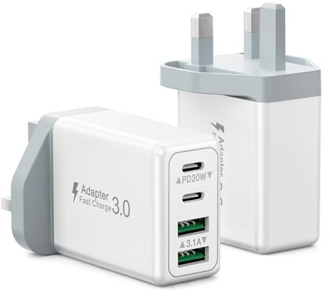 2-Pack USB C Plug, 40W 4-Port Multi USB Plug Fast Charger UK Charing Plug Dual Port Type C PD Power Adapter+Micro USB Plug Multiple Wall Charger for iPhone 16 15 14 13 12 11 Pro Max, iPad,Samsung