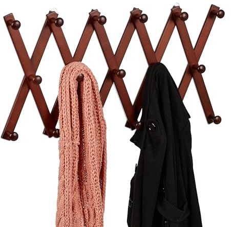Relaxdays Attaccapanni da Parete, Appendiabiti Allungabile con 17 Ganci, Guardaroba Appendino Ingresso, Legno, Marrone