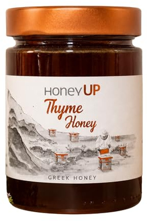 HoneyUp Miel de Tomillo Griega 450g – Islas del Egeo Meridional | Miel de tomillo griega cruda y artesanal del Egeo meridional, color ámbar y aroma intenso – tarro de 450g
