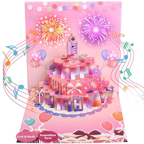 LIHAO Geburtstagskarte Frau Geburtstagskarten Pop Up Karte Geburtstag Mann Happy Birthday Geschenk Rosa