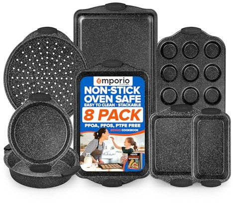Emporio Kitchen Baking Pan Set - Nonstick Coating, Carbon Steel Bakeware Sets with Gray Silicone Handles, PFOA, PFOS, PTFE Free, Recipe Booklet Included, Oven Safe Tray (Up To 450° F), Set of 8 - Gray
