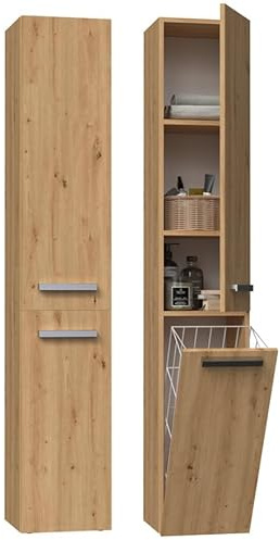 BDW - Armoire de Salle de Bain coulissante - Grande Armoire de Salle de Bain avec Panier à Linge 174 x 31 x 30 cm - Choix du côté d'ouverture de la Porte - Chêne Artisanal
