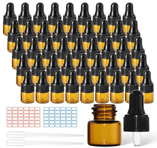 45 Pièces 1ml Flacon Pipette Flacon Compte Gouttes Flacons en Verre | Mini Bouteille Verre, avec 2 Pipette Plastique et Etiquettes, pour Huile Essentielle Aromathérapie Massage Cosmétique