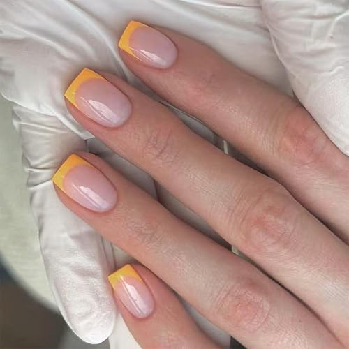 Square nail press artificial fake nail tip cover yellow fake nails glossy glue on nails for women