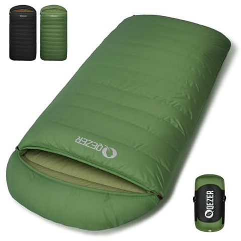QEZER XXL Down Sleeping Bag,230cm x 100 cm Extra Large Sleeping Bag Lightweight and Warm for 3~4 Seasons Adults Outdoor Camping, Hiking and Backpacking (green, 1300g down)