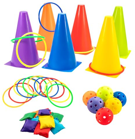 M.J COMFY-LIFE 4 in 1 Carnival Games Set with Cones, Balls, Rings & Bean Bags - 34 Pcs Party Toss Games for Kids, Outdoor Indoor Birthday Party Supplies, Family Garden Festival Games