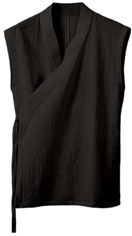 DASONLUE - Gilet tradizionale da uomo senza maniche, giacca kimono giapponese, in cotone e lino, con laccetti, camicia cinese in lino, Hanfu, Tang, abito aperto, Yukata, Nero , XL