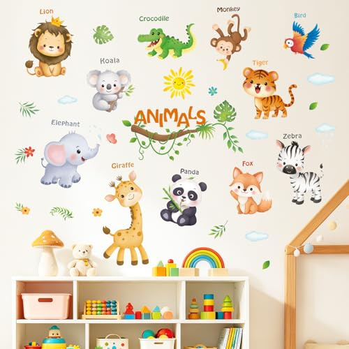 SHUCHING Wandtattoo Tiere Lernen für Kinder Baby | Wandsticker Dschungeltiere, Selbstklebende Wandaufkleber für Kinderkrippe Kinderzimmer Babyzimmer Spielzimmer Wanddeko