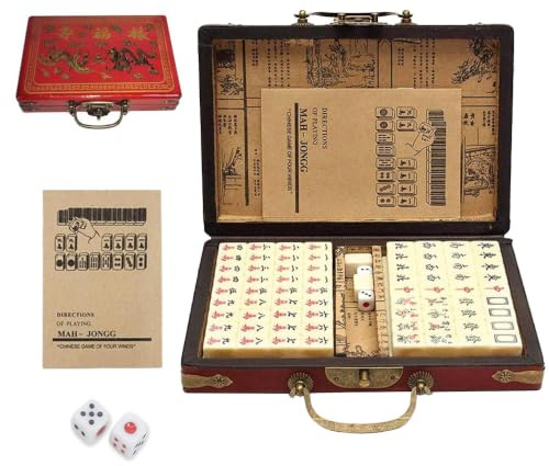 SKIKHN Mini Mahjong, 144 Azulejos Juego de Antiguo Mahjong Chino, Portátil Traje de Mahjong con Vintage de Piel Mahjongs Carring Case, para la Familia, Fiesta, Amigos, Reunión