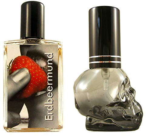 Teufelsküche Pachuli Fresa boca + frasco vacío de calavera pachuly con fresa, Eau de Parfum para mujer, perfume gótico, mini frasco de cristal, 10 ml, patchouly gótico