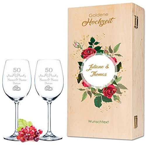 Leonardo Weingläser mit Gravur - Goldene Hochzeit Design - Personalisiert mit Namen & Datum inkl. Holzkiste - Geschenk zur Hochzeit Verlobung Jahrestag - Farbe: Kleine Kiste UV