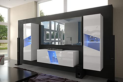 Furnitech Wohnzimmer | Möbel mit LED Weiß | Hängend Wohnwand Modern | Schrankwand mit Regale und TV Schrank (S37)