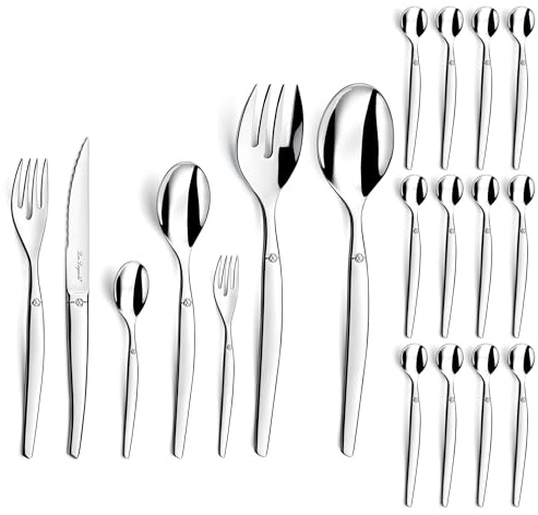 LOU LAGUIOLE Jet - Ménagère 74 couverts de table pour 12 personnes - Acier inoxydable 18/0, Fourchettes, Couteaux, Cuillères table et Cuillères à café - Finition Brillante - Couverts inox
