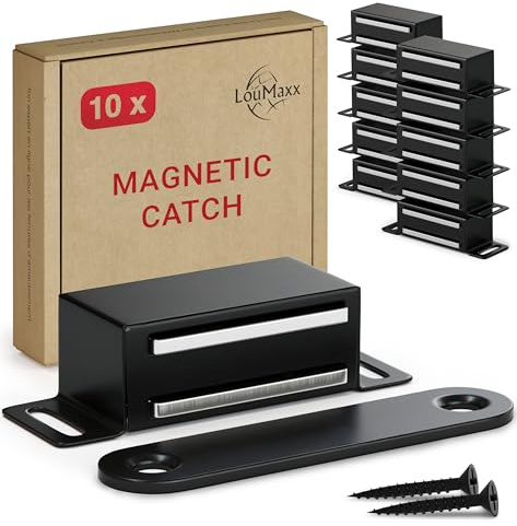 LouMaxx - Imán para puerta de armario, cierre magnético fuerte, fuerza de sujeción 4 kg, lote de unidades, color negro, puerta de armario, para puertas, muebles y cajones (Negro, 10, Unidad)