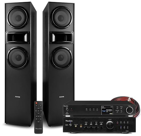 Fenton SHF700B Floor Standing HiFi Tower Stereo System with WiFi Internet Radio, Bluetooth, DAB+ Tuner, Stereo Amplifier, Spotify Connect, USB MP3 Playback & Cables - Black Finish