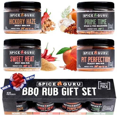 Spice Guru BBQ Rub Gift Set – 4 Flavor Barbecue Seasoning Sampler – Mens Christmas Gifts for Dad, Husband or Brother – Premium Grilling Spices & Holiday Gift Set for Grill Lovers - Grill Accessories