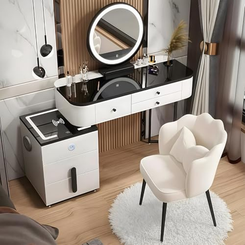 MJKCBD White Dressing Table Set with LED Mirror and Chair | Modern Vanity Makeup Table with 5 Drawers & Reversible Smart Cabinet - Bluetooth Speaker & Charging Station for Bedroom