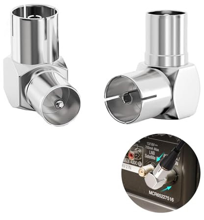 2 Pack TV Aerial Coaxial Adaptor, 90 Degree Right Angl TV PAL Male to TV Female Coaxial Connector, Satellite Antenna RF Coax Adapter for TV Antenna Cables Satellite Coaxial Cables Receivers Radios