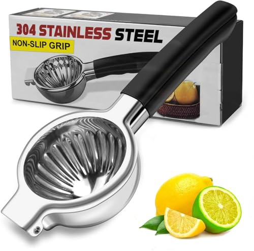 Lemon Squeezer Stainless Steel - Manual Citrus Juicer Large, Metal Lime Squeezer Hand Press, Orange Juice Extractor with Non-Slip Grip, Dishwasher Safe - TUISWO (Silver/Black)