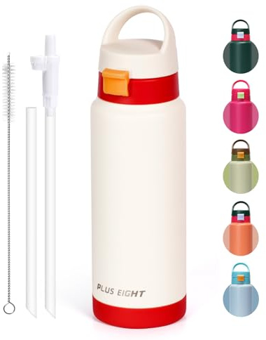 pluseight Water Bottle with Straw Lid, 750ml Vacuum Insulated Water Bottles, Stainless Steel Water Bottle Wide Mouth for Sports, Gym or Office, BPA-Free Keep Cold 24H Hot 12H (White)