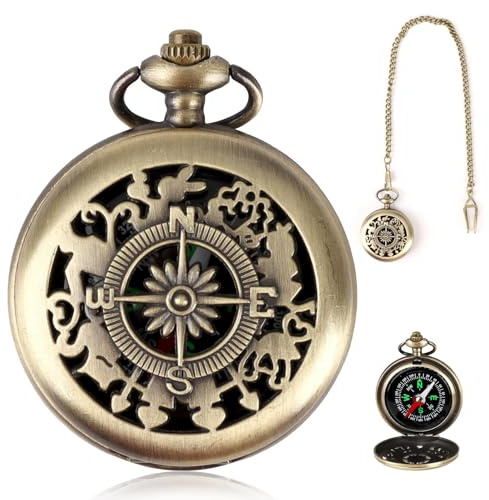 Boussole Vintage avec Chaîne, Mini Boussoles Survie Navigation Extérieure Portable, Compas d'Orientation Professionnel Étanches, Compass Poche Classique Laiton pour Camping Randonnée