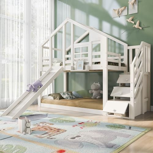 Letto a castello 90 x 200 cm con scivolo e lavagna, colore bianco, letto a soppalco con finestra, scala di stoccaggio, protezione dalle cadute e 2 reti a doghe, stabile letto in legno massiccio per