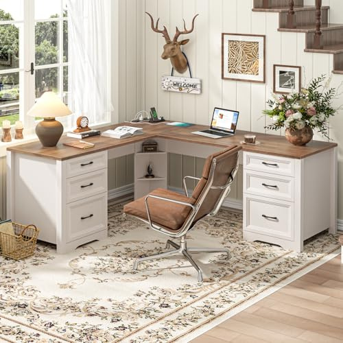 Vabches Wood L Shaped Executive Desk with 6 Drawers, Farmhouse Home Office Desk with Power Outlets and Triangle Under-Desk Storage Shelf & Drawer File Cabinet, Corner Computer Desk, Brown