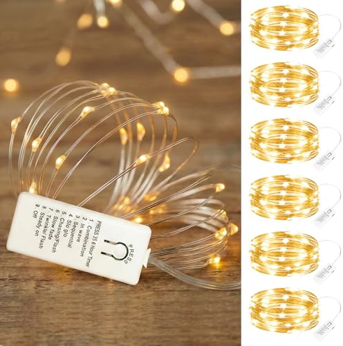 HiC-DecoLite 6 Pack USB Rechargeable Twinkle Fairy Lights with Timer, 7ft 20 LED Waterproof Silver Copper Wire String Lights for DIY Crafts, Mason Jar, Centerpiece, Mini Christmas Tree (Warm White)