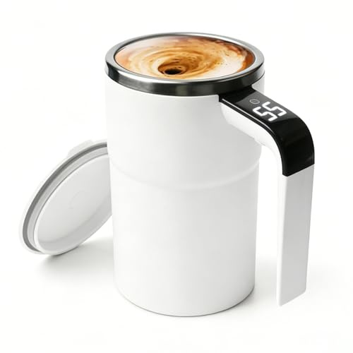 Selbstrührende Tasse, 380ML Selbstrührender Becher mit Temperaturanzeige, Selbstrührender Kaffeebecher, Intelligente kaffeetasse, Automatisches Mischen Magnetische Tasse für Kaffee Protein, Weiß