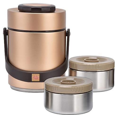 Hamwesh Contenedor de Alimentos Aislado, 1500 Ml de Acero Inoxidable 304, 3 Niveles, Apilable, Aislado Al Vacío, Lonchera Caliente a Prueba de Fugas, Contenedor de Almuerzo Caliente con 2 (GOLD)