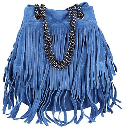 OBC Made in Italy Damen Leder Tasche Fransen Shopper Kettentasche Beutel Wildleder Handtasche Umhängetasche Bucket Bag Schultertasche Ledertasche (Jeansblau 20x25x19 cm)