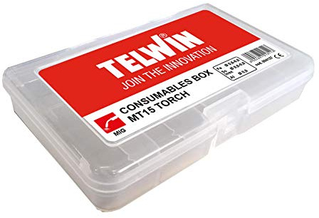 Telwin Box Consumabili per Torcia MIG MT15, Kit Consumabili Saldatura MIG/MAG con Ugelli, Tubetti di Contatto e Diffusori Gas in scomparti per Torcia a filo Telwin MT15