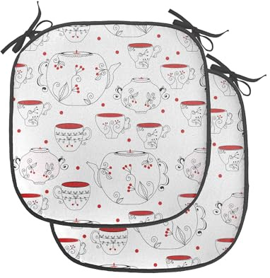 Ambesonne Tea Party Chair Seating Cushion Set of 2, Doodle Style Crockery Illustration of Floral Patterned Kettles and Cups, Anti-Slip Seat Padding for Kitchen & Patio, 16x16, Red Black White