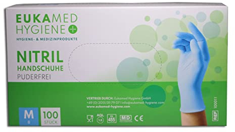 Eukamed Hygiene GmbH Nitril-Handschuhe M, 100 Stück, puderfrei, latexfrei, hypoallergen, Lebensmittelhandschuhe, medizinische Einweghandschuhe (Pack á 100 Stück)(Größe M)
