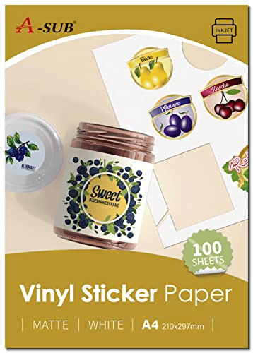 A-SUB Vit matt premium vattentätt utskrivbart vinyldekalpapper, självhäftande vinyletiketter för bläckstråleskrivare, A4-storlek, 100 ark