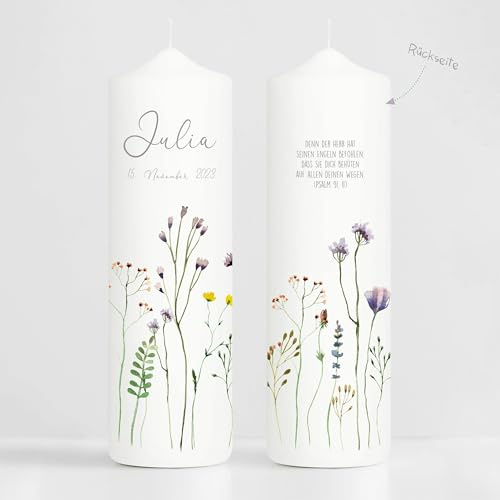 Weiße Kerze zur Taufe oder Geburt beidseitig bedruckt mit zarten Wildblumen und Wildgräsern, Taufkerze 25 x 7 cm